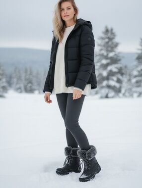 QUILTED Bearpaw black fur top fleece lined lace up winter waterproof boots sz 8